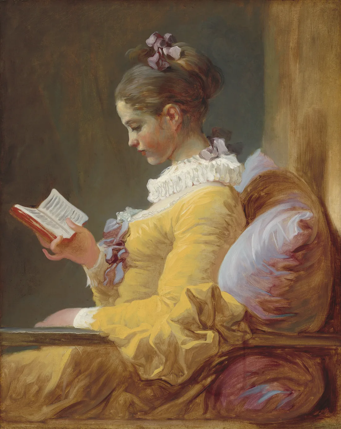 Fragonard’s Young Girl Reading: a girl in a lemon-yellow dress, a lilac ribbon in her hair, reads a small book against a rose cushion, painted in quick, loose strokes.