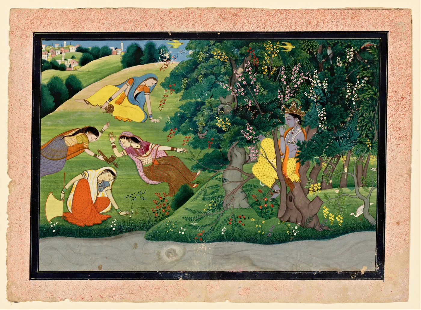 Kangra miniature: Krishna, blue-skinned, plays his flute in a flowering grove while milkmaids lie entranced on green hills, within a pink painted border.