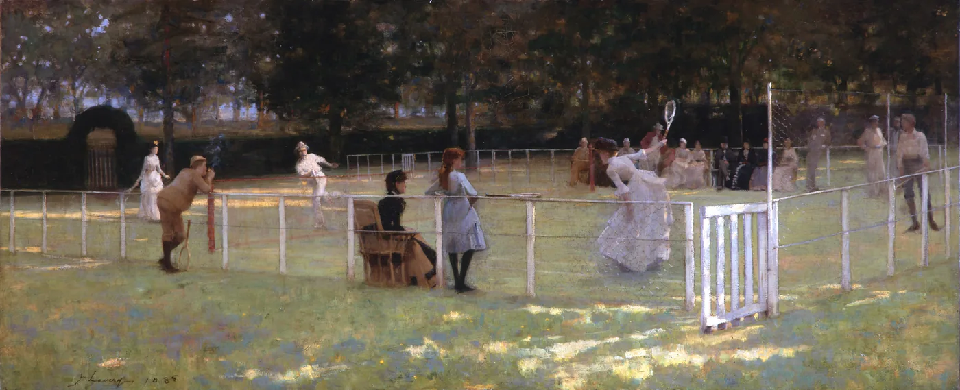 Lavery’s The Tennis Party: on a sunlit lawn, a woman in a pale dress lunges for a high ball while friends watch from chairs beside the net.