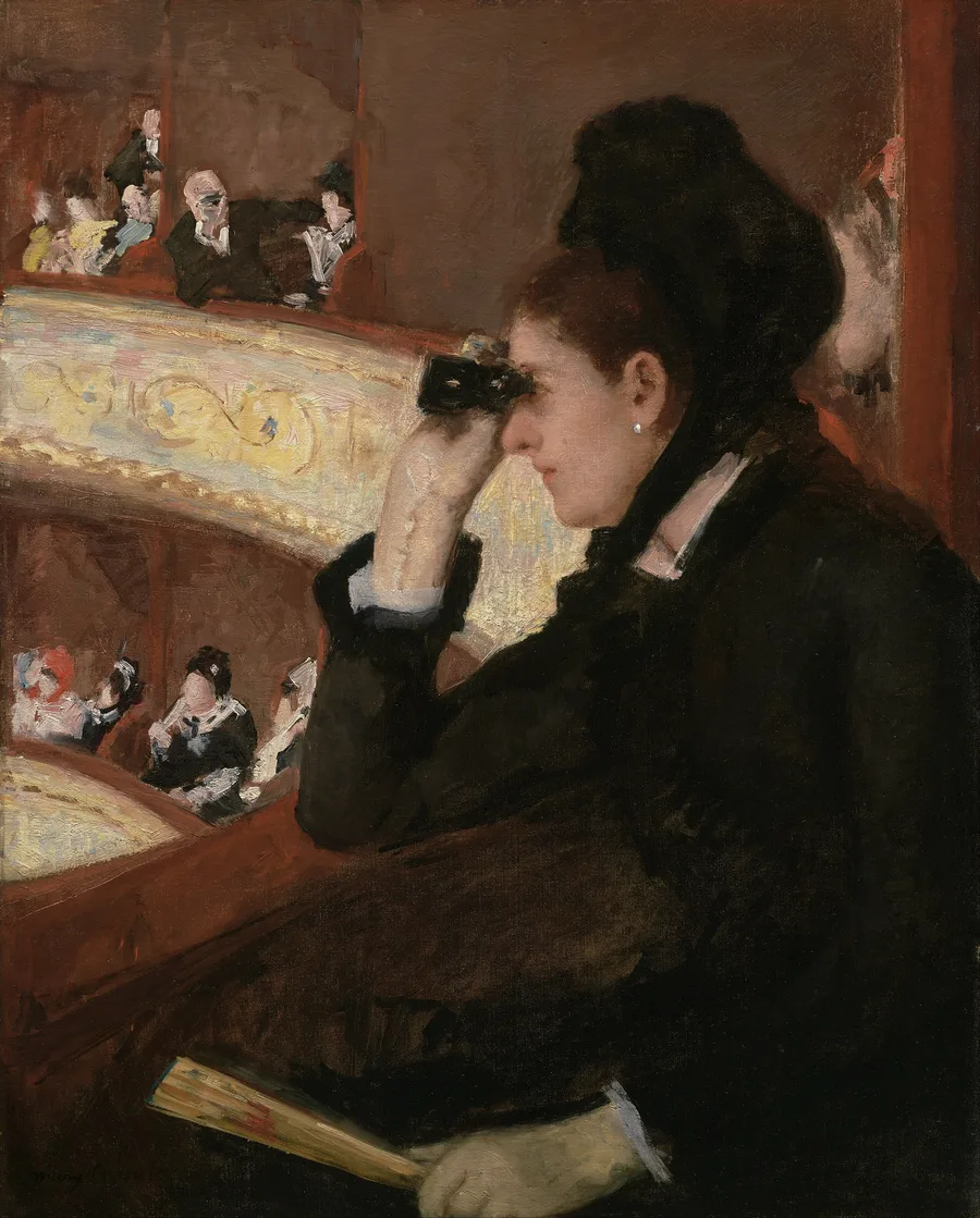 Cassatt’s In the Loge: a woman in black raises her opera glasses toward the stage, a closed fan in her lap, while a man in a box across the house leans out to train his own glasses on her.