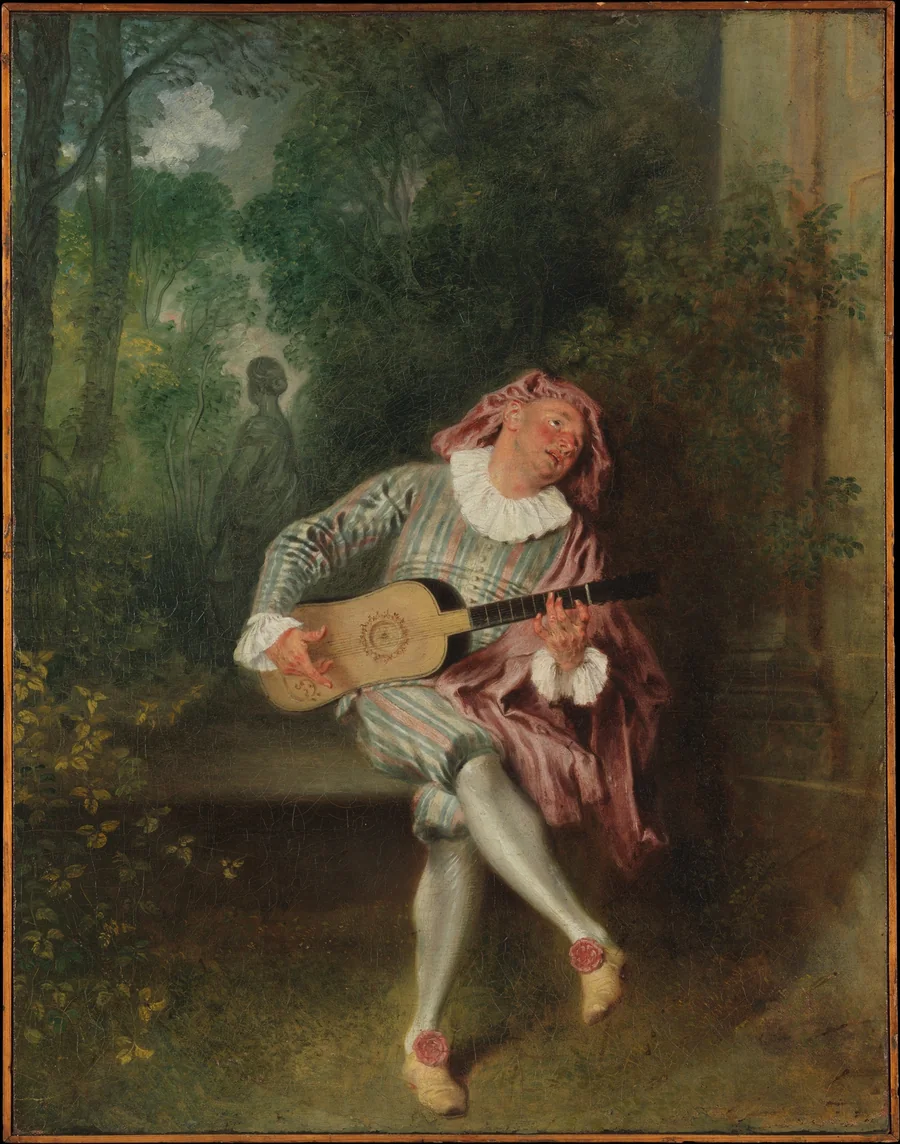 Watteau’s Mezzetin: a costumed performer in a pink-striped suit sings to his guitar on a garden bench.