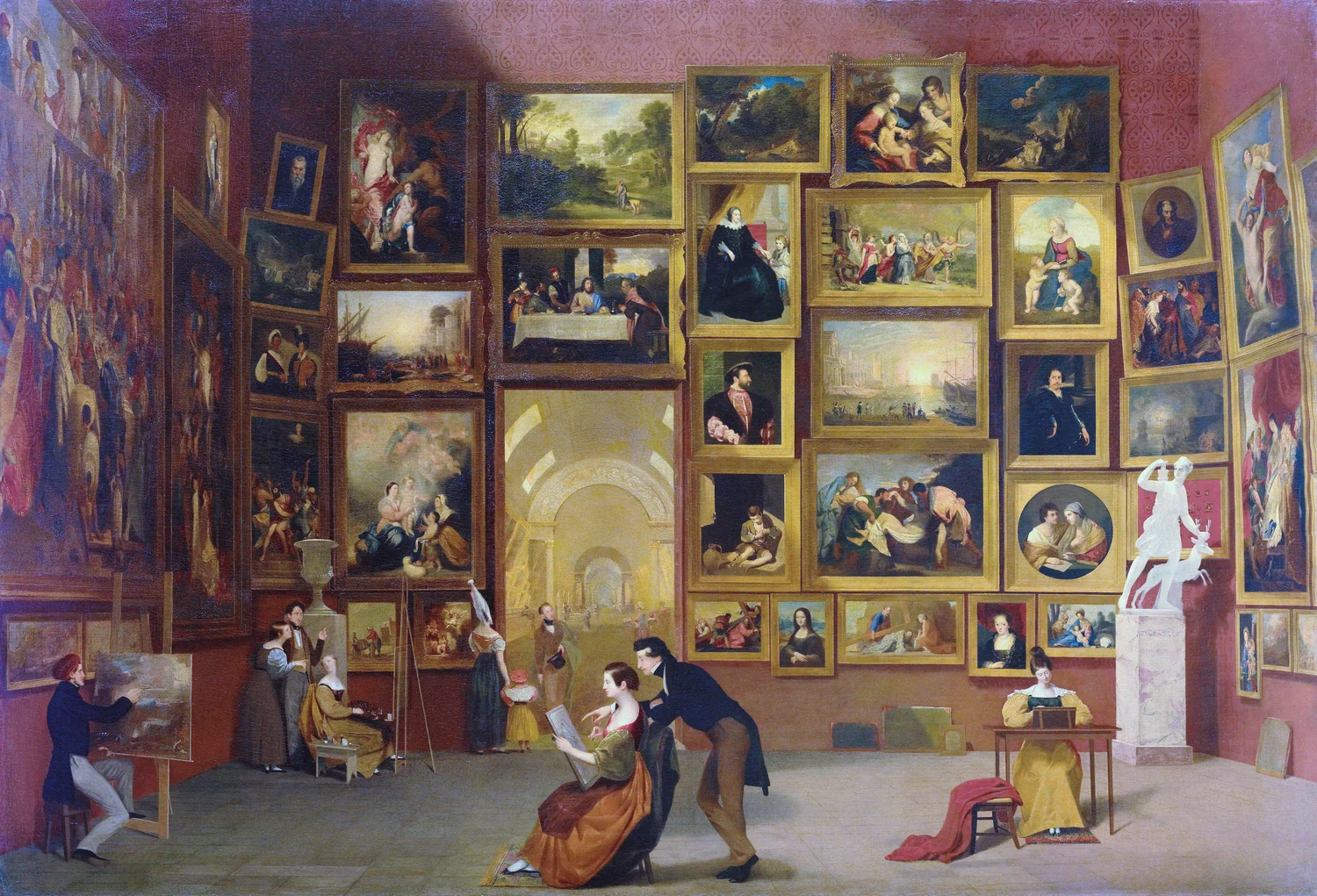 Morse’s Gallery of the Louvre: a red-walled salon hung floor to ceiling with miniature copies of masterpieces, the Mona Lisa among them, with visitors copying at easels and Morse instructing his daughter.