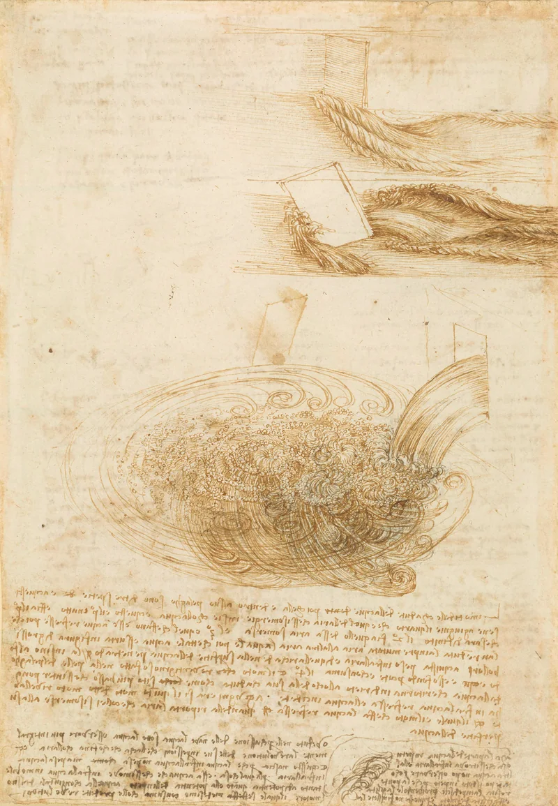 Leonardo’s pen-and-ink studies of water spiralling past obstacles and falling into a pool, with notes in his mirror script.