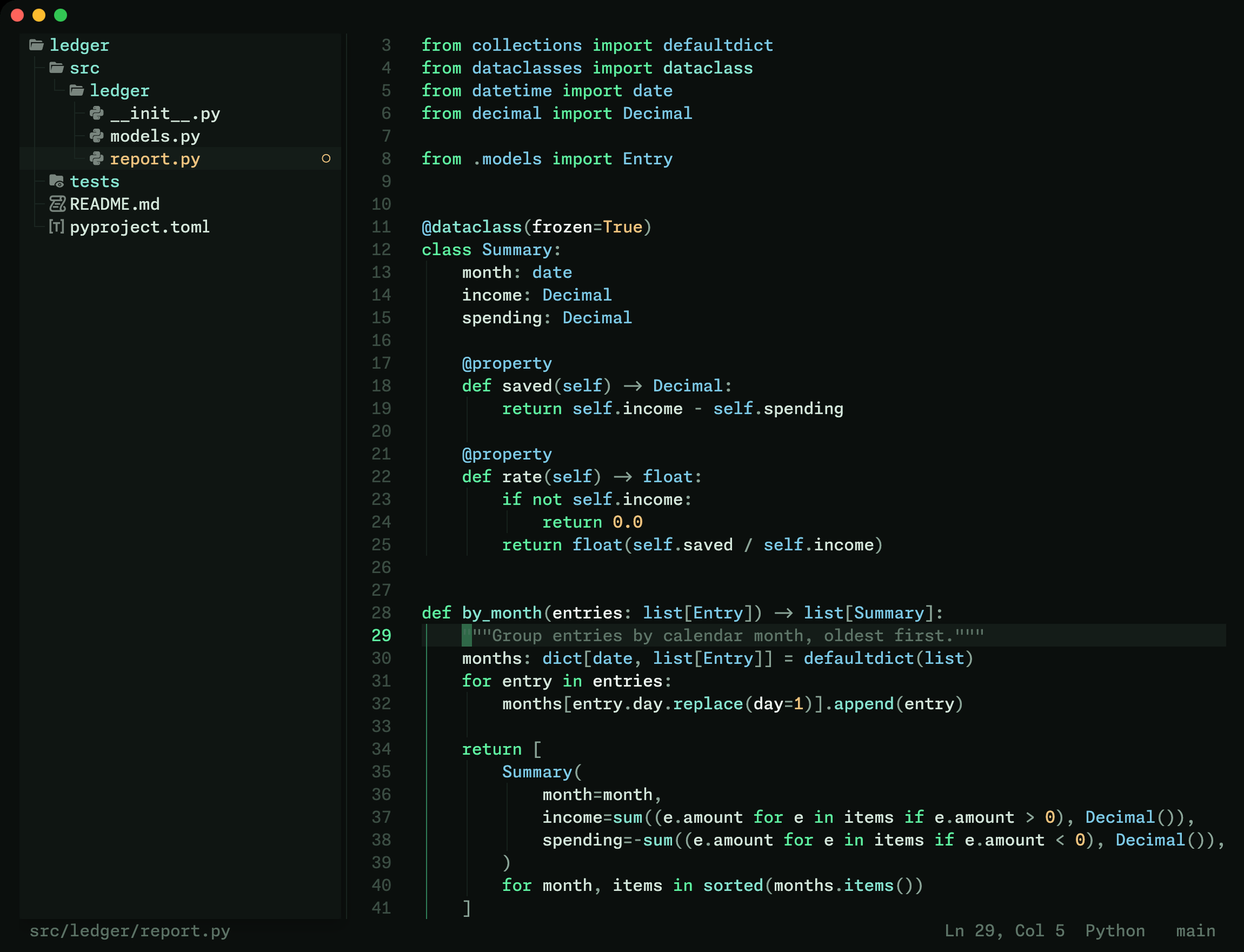 The real Dojo app editing a Python project, in the Phosphor theme