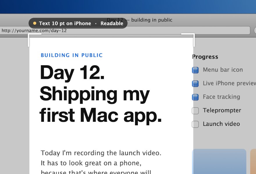 The Nine frame over a web page, with a note saying the text will be readable on an iPhone
