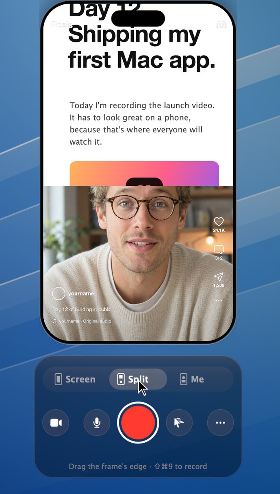 Split layout: screen on top, camera below