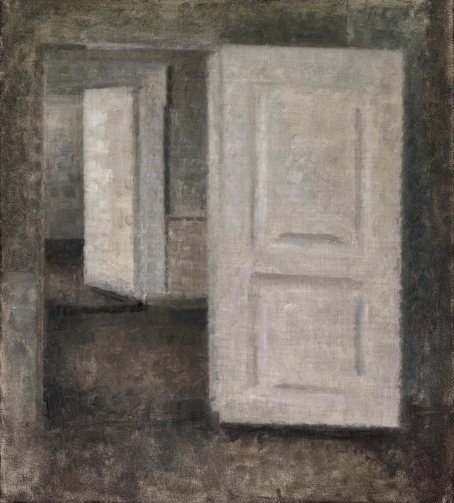 Hammershøi’s White Doors: a sequence of pale open doors leading through empty grey rooms.