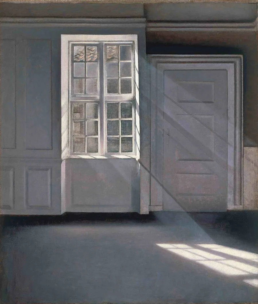 Hammershøi’s Dust Motes Dancing in the Sunbeams: an empty grey room, a tall window, and diagonal shafts of sunlight falling across the bare floor.