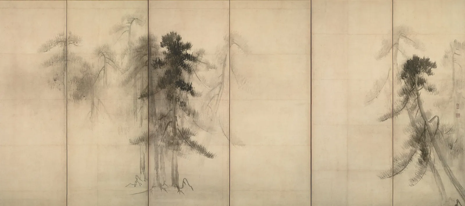 Hasegawa Tōhaku’s Pine Trees: ink pines emerging and vanishing in mist across a folding screen, most of the paper left empty.