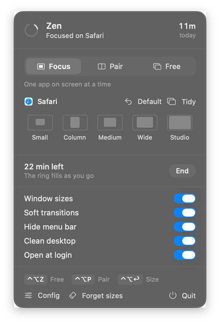 Zen’s menu bar panel: Focus, Pair and Free, five window sizes, a session timer, and settings for transitions, the menu bar and the desktop